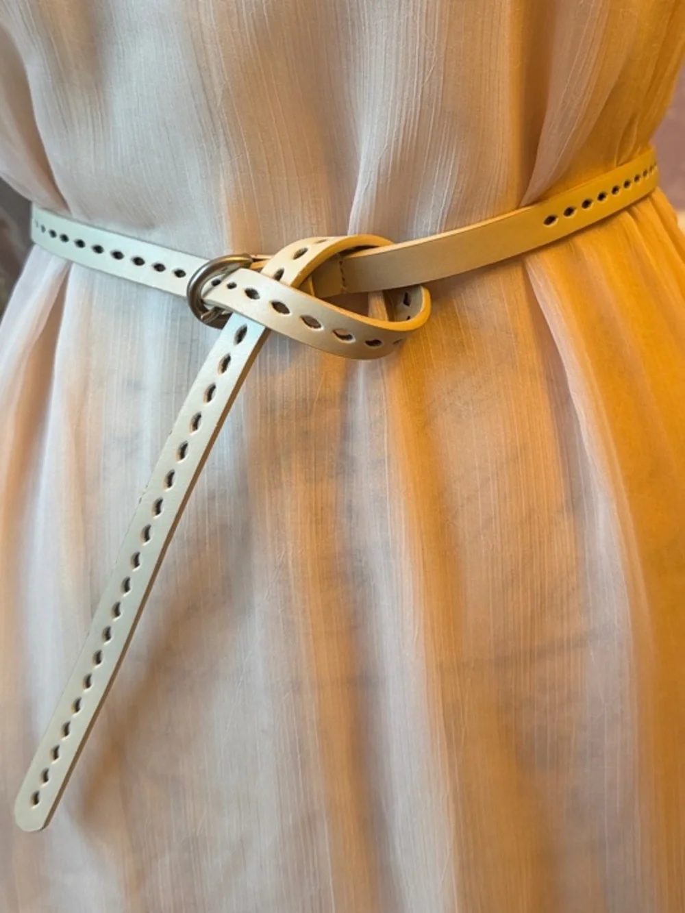 Cream Cutout Leather Women's Belt with Silver Buckle